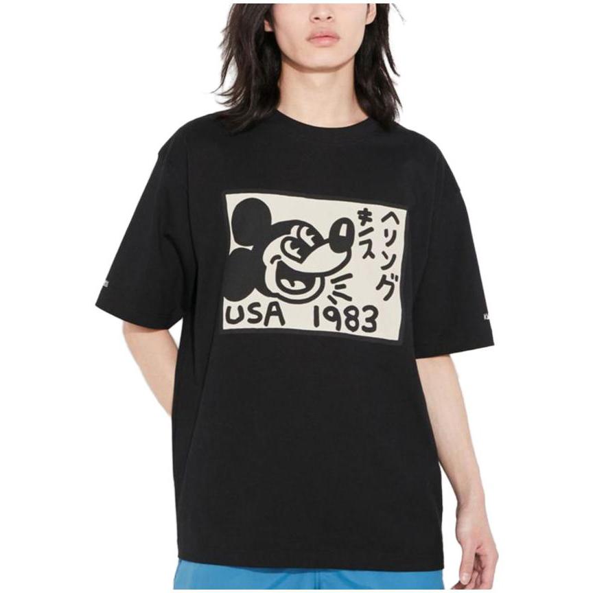 UNIQLO Mickey Print Short Sleeve Drop Shoulder T-Shirt Unisex Tops Black 456306-09