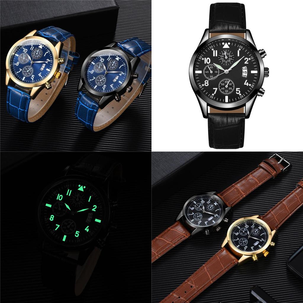 Stylish Men's Watch With Night Light And Calendar Quartz Pointer Display Leather Strap 98001 Belt Style)