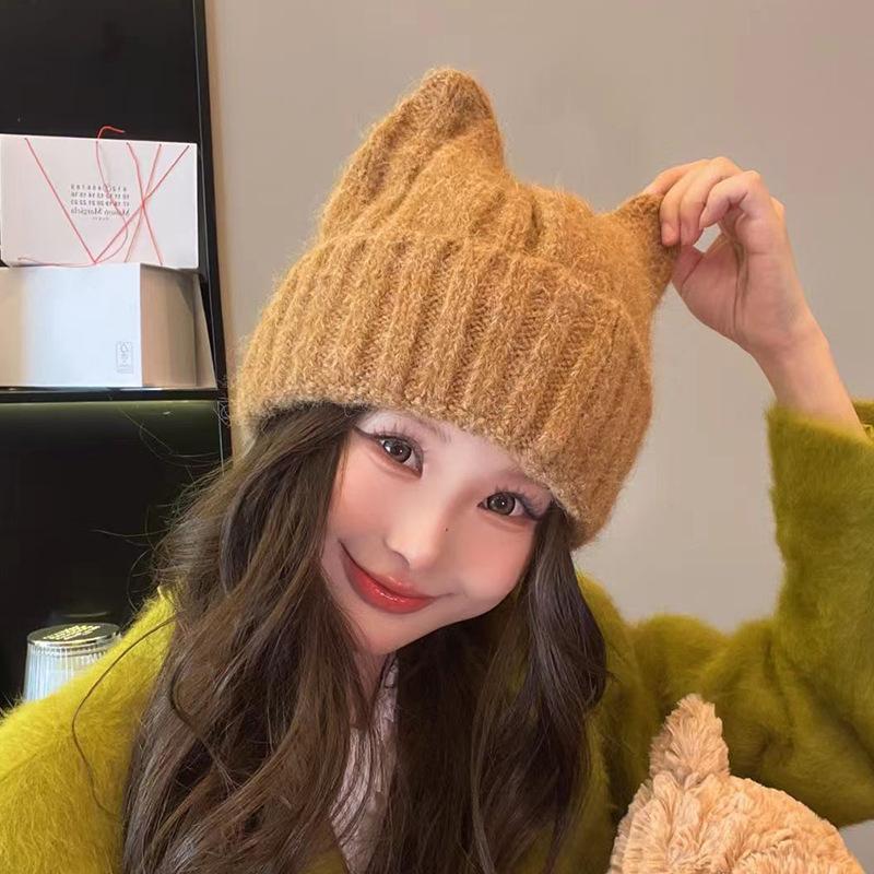 Cartoon Knitted Hat for Women Korean Style Solid Color Fashionable Versatile Wool Hat Outdoor Windproof and Warm Pull Out Hat for Men