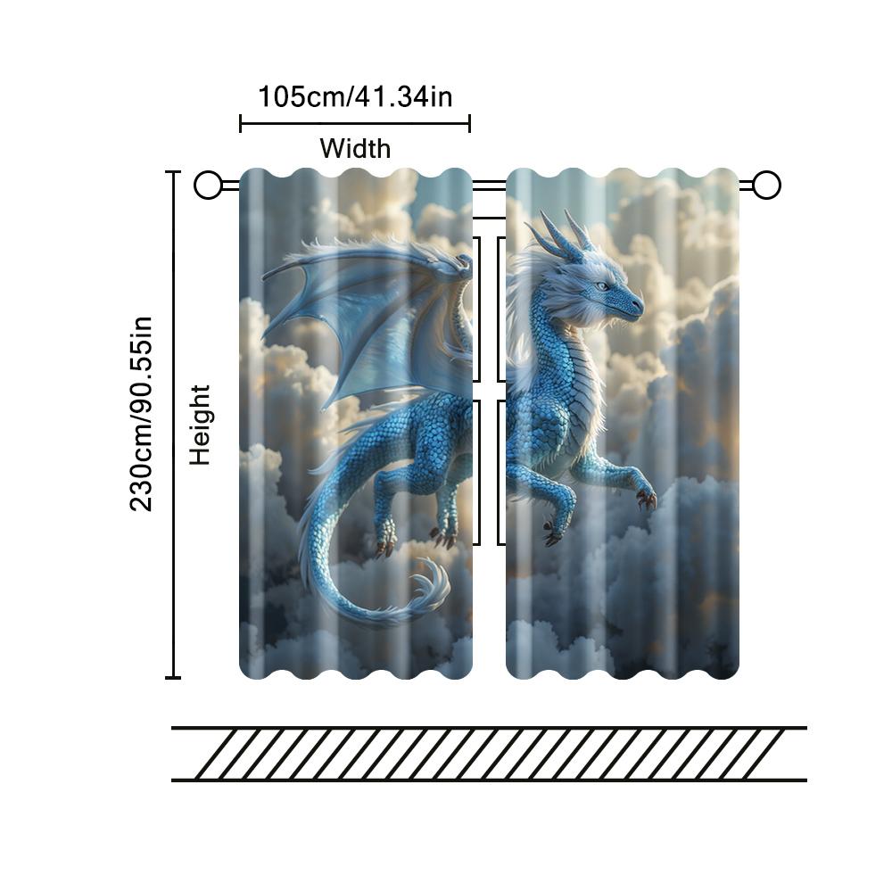 2 Pcs, Filtering Curtains (excluding Rods, Non-movable, Without Batteries) Blue Cloud Dragon (2) for Use In Bedrooms and Living