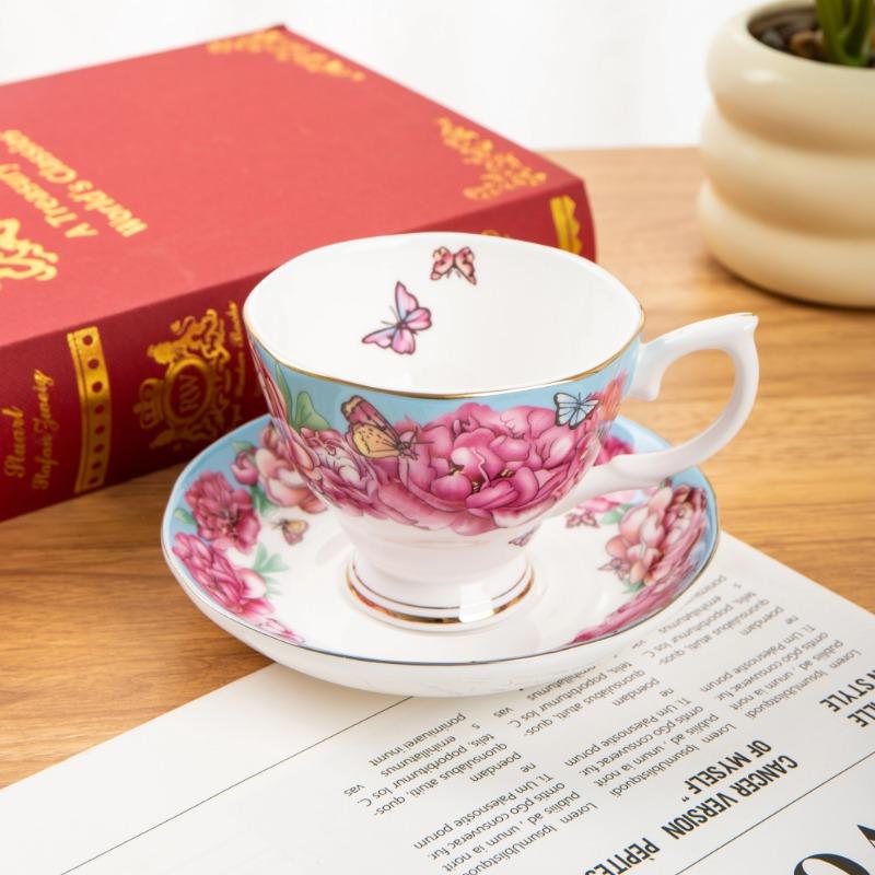 

Цветочные чайные чашки и блюдца с золотой отделкой, кофейные чашки 220 мл с бабочками и в горошек, фарфоровые чайные сервизы для дома