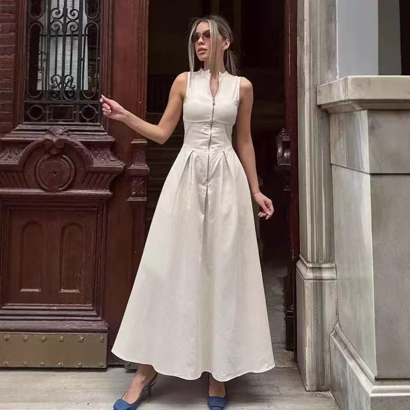 Damen Khaki Französisches Leinen A-Linien-Kleid: Herbst 2025 Taillenbetonender Stil