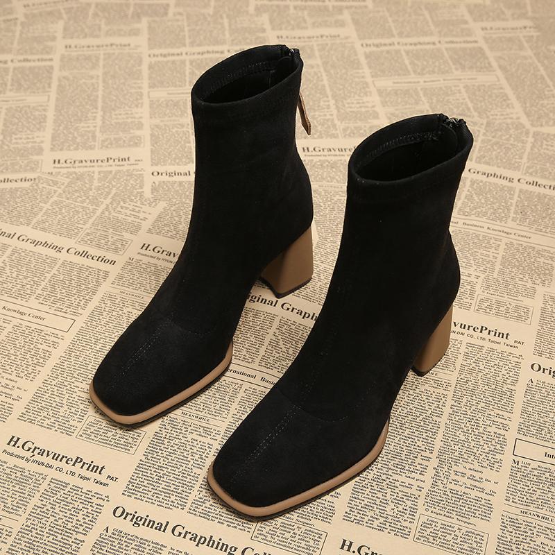 Vintage Square Toe Women Ankle Boots Fashion Zippers Thick Heels Shoes Winter Elegant Mordern Short Boot