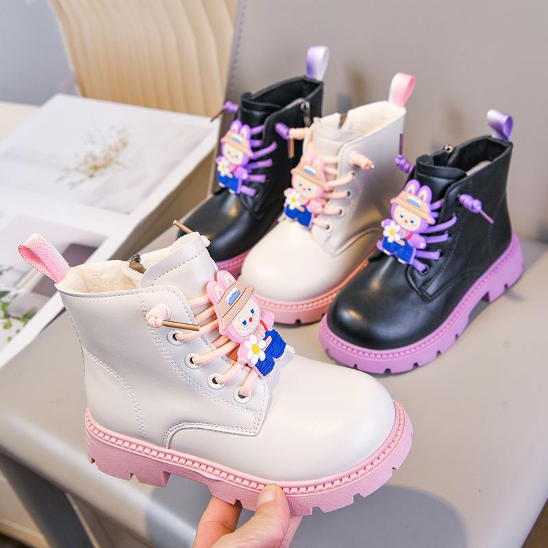 Girls' Martin Boots with Side Zipper, Autumn/Winter Kuromi Princess Style Mid-Calf Boots, Shiny Leather, Waterproof, Soft Sole, Fashion Shoes for