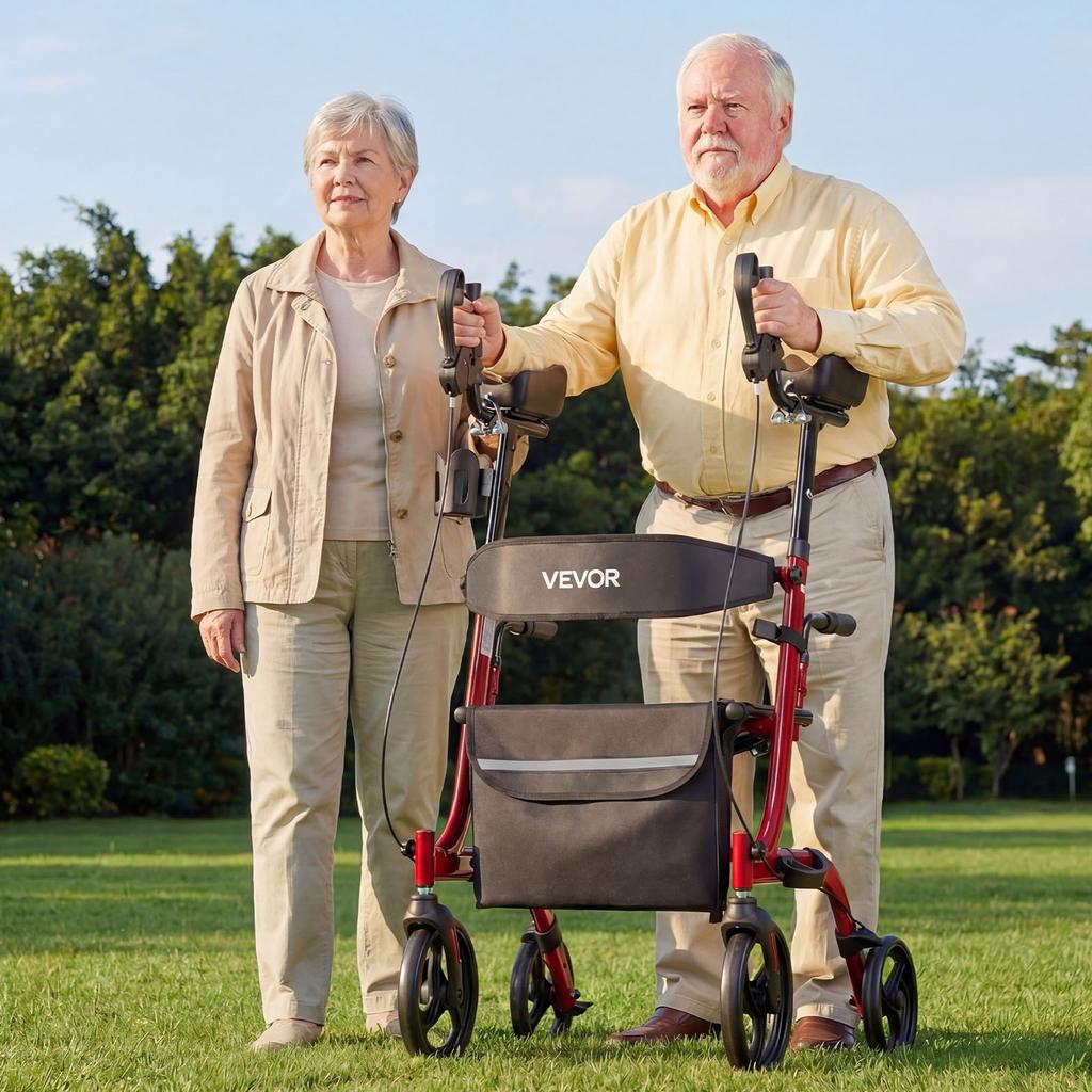 Rollator Walker with Seat for Seniors, Foldable Rolling Walker, Lightweight Aluminum Mobility Walking Aid with PVC Solid Wheels, Adjustable Handle,