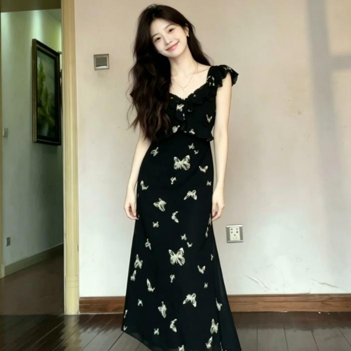French black floral dress children s summer new temperament waist thin flying sleeves fishtail dress S
