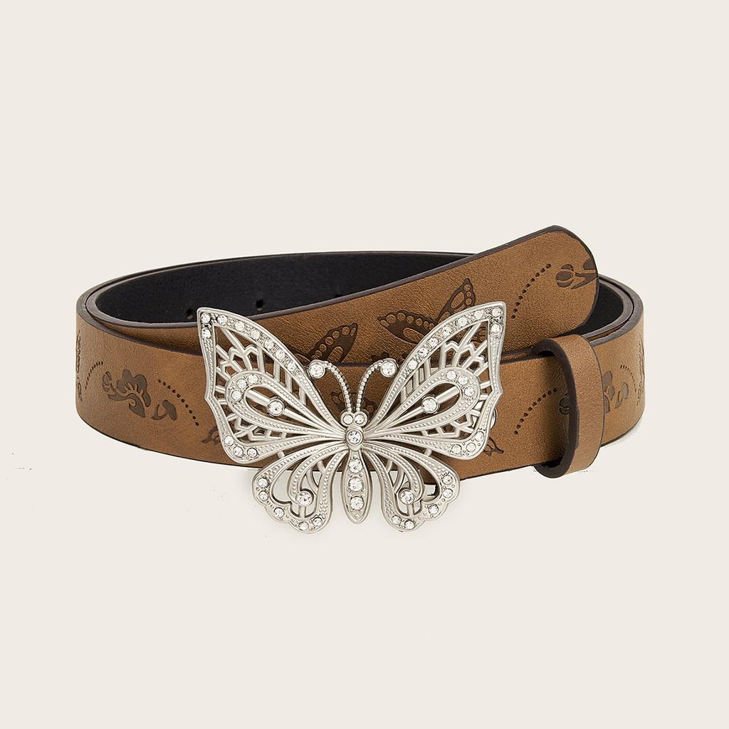 Vintage Womens Leather Belt With Butterfly Buckle For Casual Jeans Styling