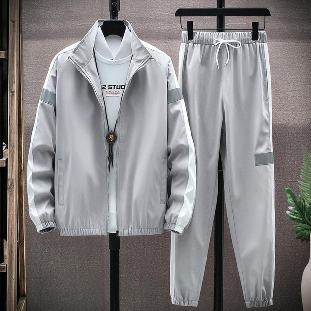 2Pcs/Set Men Sportswear Set Patchwork Color Stand Collar Long Sleeve Zipper Placket Jacket Elastic Waistband Drawstring Sweatpan