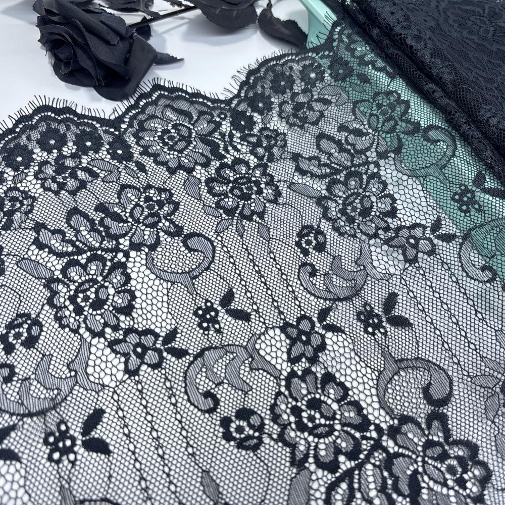 French Chantilly Lace, 3m x 37cm, Non-stretch Black Eyelash Lace Fabric for Lingerie, Underwear, Dress, Sewing & Crafting