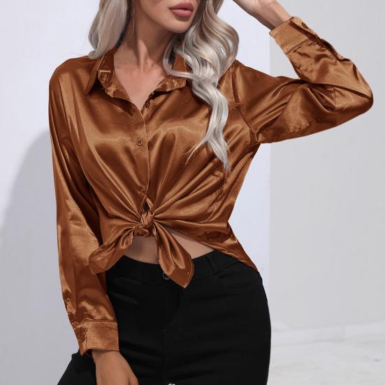 

Yousheng Spring Summer Shirt Lapel Long Sleeve Single Breasted Shirt Tops Solid Color Loose Fit Satin Imitation Silk Office Shirt