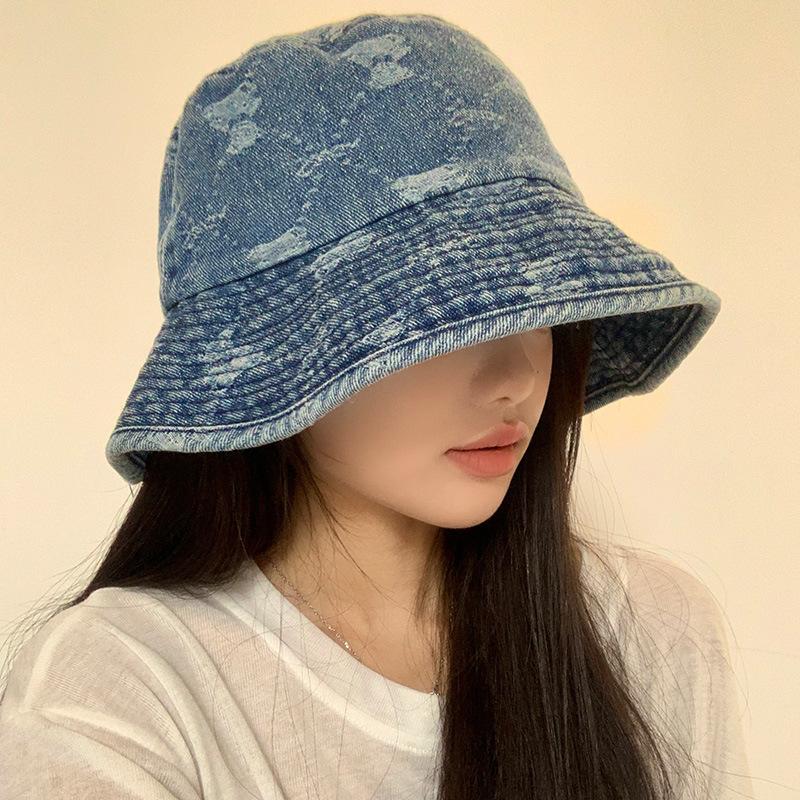 

Vintage washed denim bucket hat autumn hat women s versatile washbasin hat cute bear bucket hat One Size