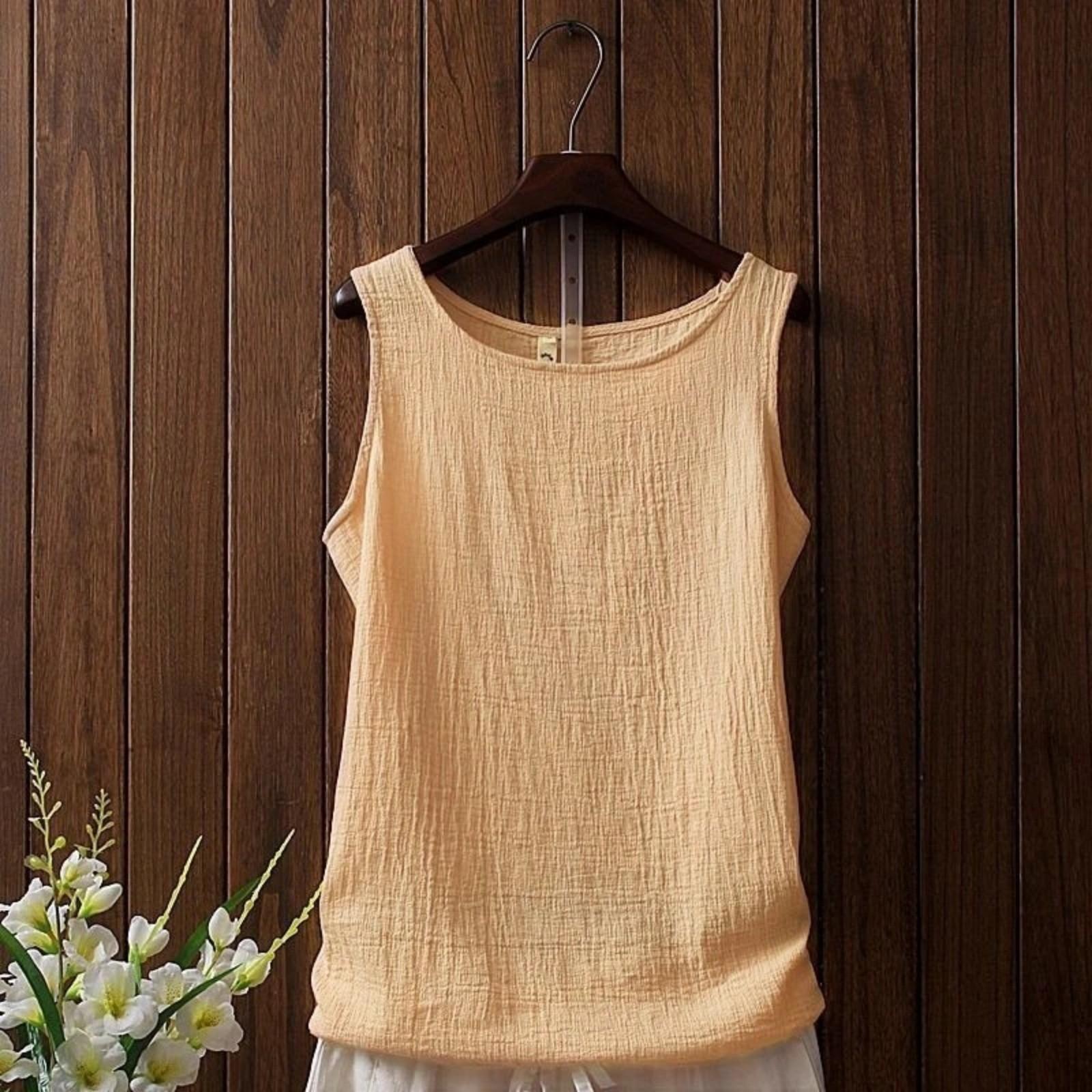 

Женская повседневная майка без рукавов с круглым вырезом, свободного кроя, из хлопка и льна XL бежевый