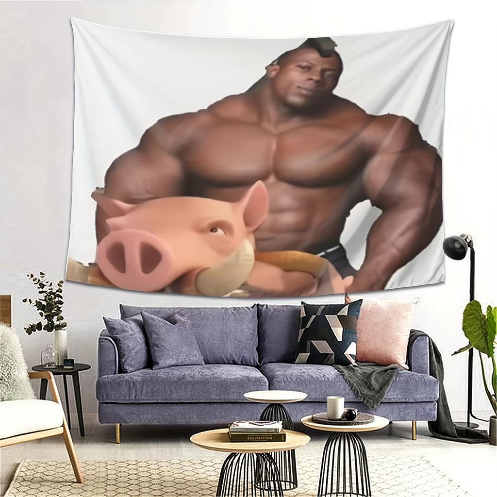 VIKAMA Muscle Man and Pig Tapestry Fun Bedroom Dormitory Wall Hanging Fabric Living Room Home Decoration
