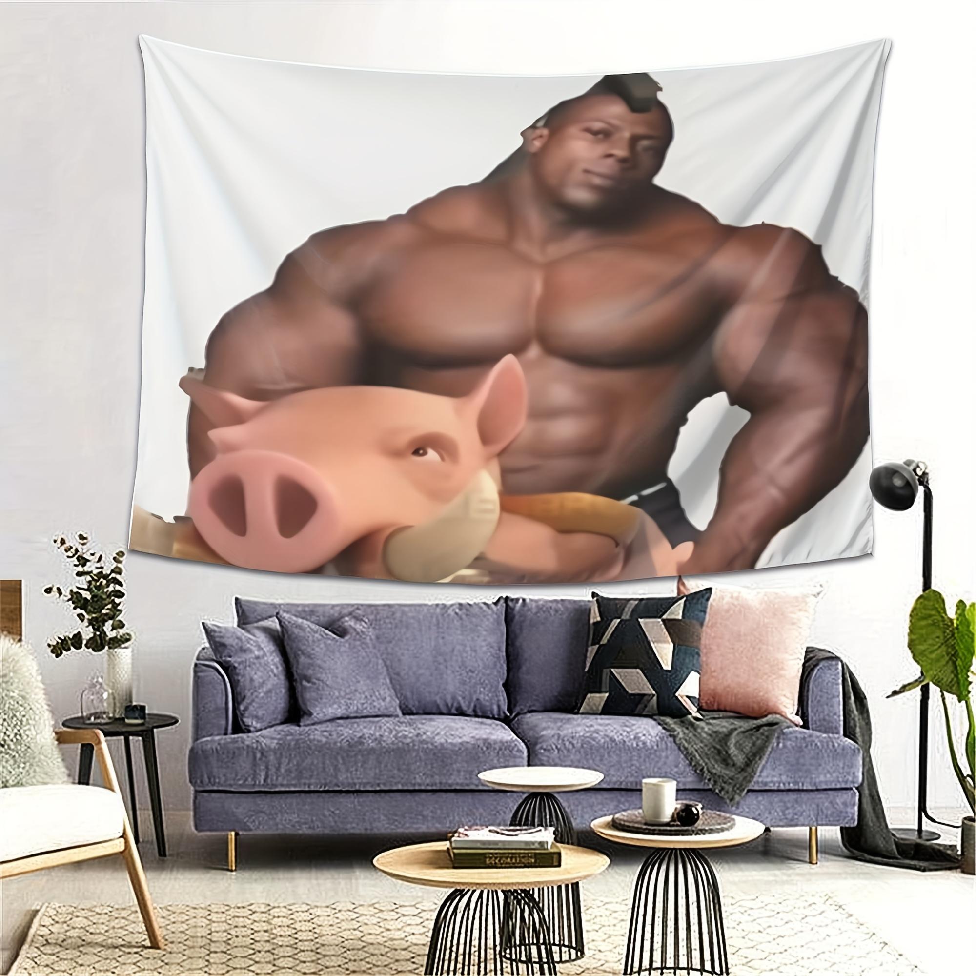 

VIKAMA Muscle Man and Pig Tapestry Fun Bedroom Dormitory Wall Hanging Fabric Living Room Home Decoration 74x94cm(29x37in)