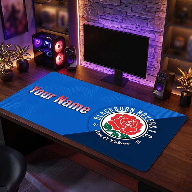 Blackburn Rovers FC Custom Large Mouse Pad, Personalized Name Text Print, Football Logo Non‑Slip Desk Mat Gaming Gift