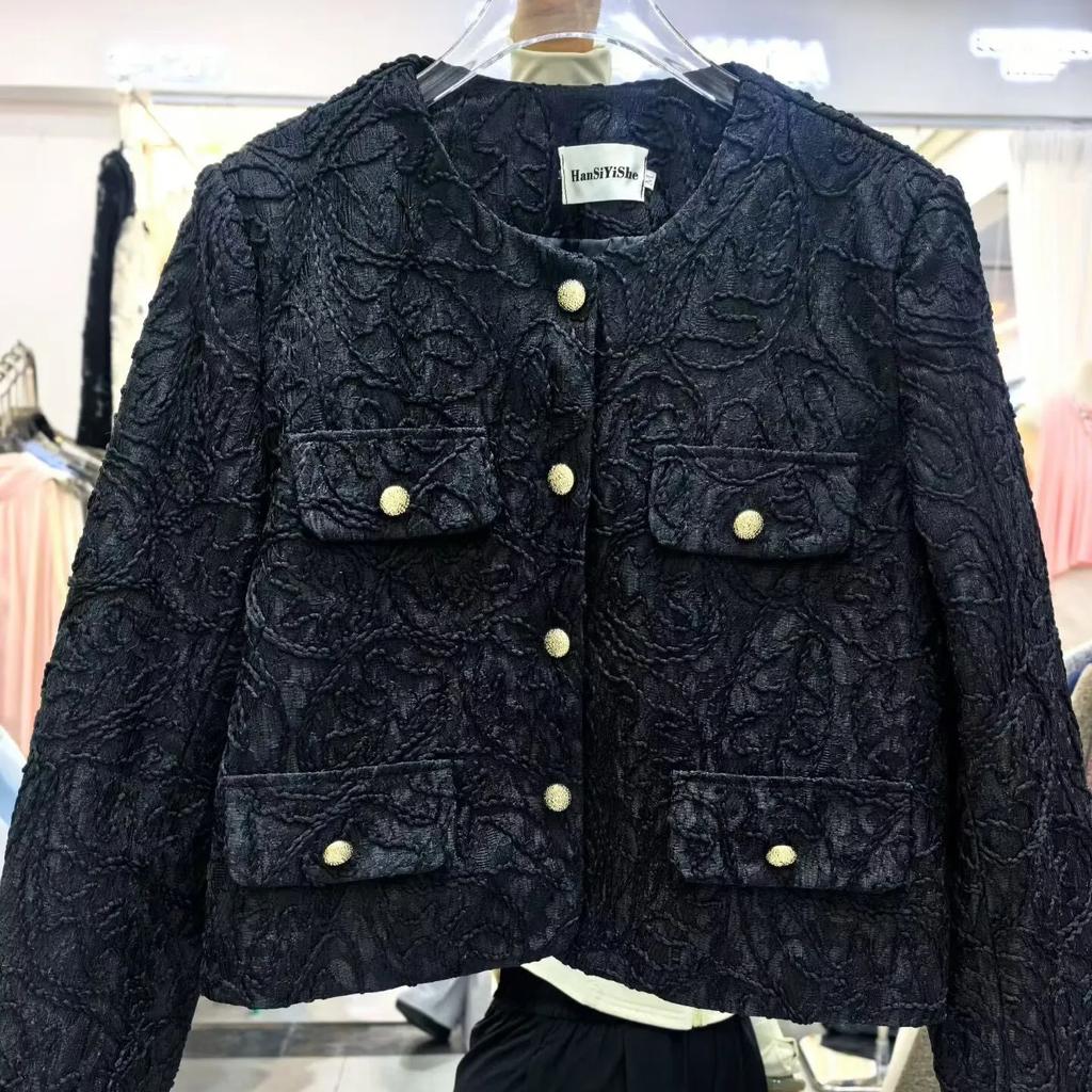 Streetwear Casual Jacquard Lace Jacket for Women Spring Autumn Korean Fashion 2026 Vintage O-Neck Long Sleeve Embroidery Short Coat