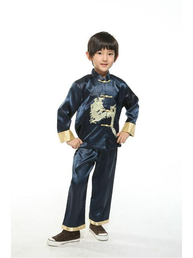 

Детский вышитый костюм Тан для выступлений с драконом - Традиционный этнический костюм с длинным рукавом для мальчиков на весну, осень и зиму Size 14 чёрный