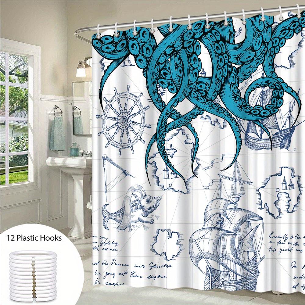 1pc Steampunk Octopus Shower Curtain with Turquoise Tentacles, Ship's Wheel & Mermaid Design - Vintage Nautical Maritime Theme B