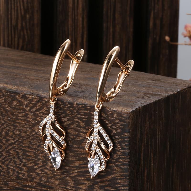 Rose Gold Color Leaf Long Dangle Earrings For Women Fashion Natural Zircon Accessories Daily Fine Vintage Jewelry