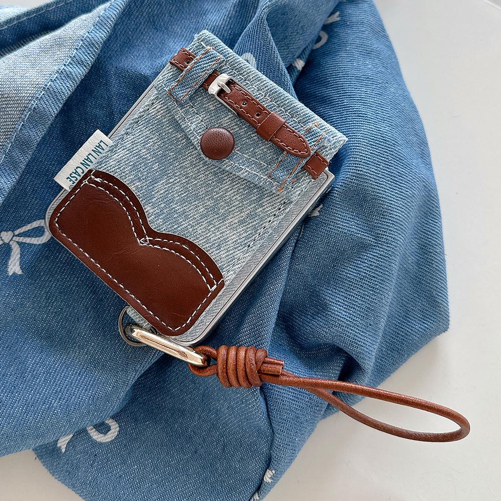 Denim Cardholder Phone Case for Samsung Galaxy Z Flip 7 Flip 5 Flip 6 3 4 Wrist Chain Shockproof Back Cover