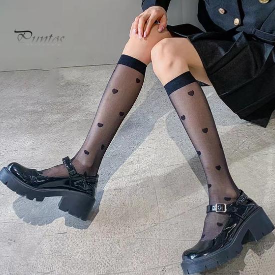 Long Socks 1 Pair Women Thin See-through Solid Color Lolita Heart Print Match Uniform Elastic Comfortable JK Style Calf Cosplay Supplies