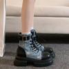 Fashion Women's Ankle Boots Punk Style Denim Combat Round Toe Female Short Shoes Designer Luxury Comfortable and Elegant New In Booties