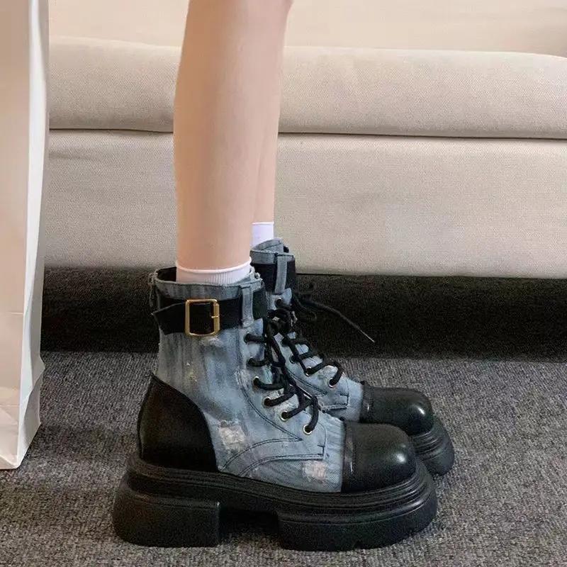 Fashion Women's Ankle Boots Punk Style Denim Combat Round Toe Female Short Shoes Designer Luxury Comfortable and Elegant New In Booties