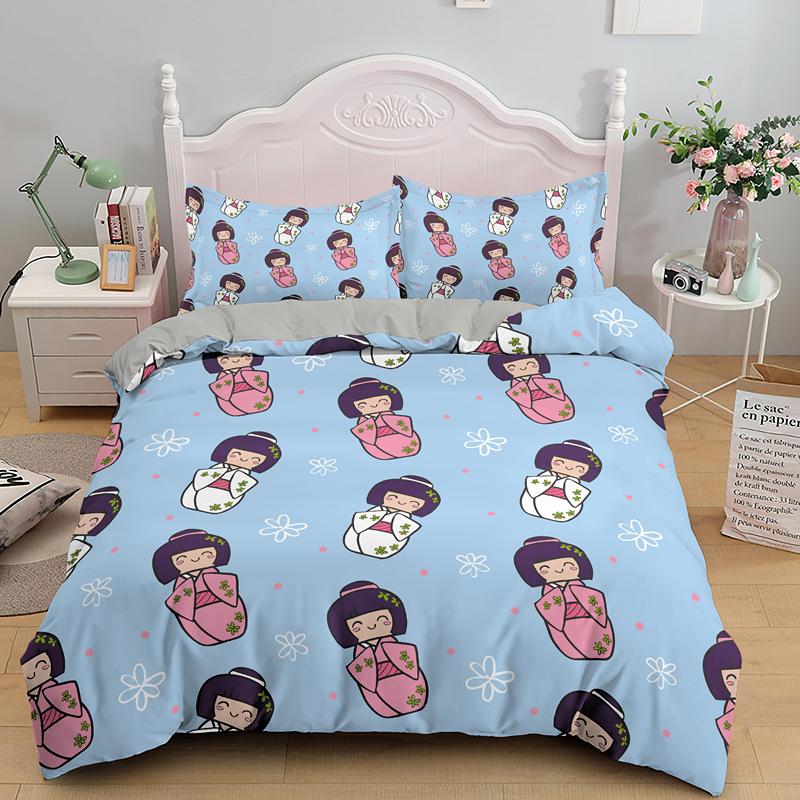 Japanese Doll Printed King Queen Duvet Cover Cartoon Lucky Cat Bedding Set For Kids Girls Fan White 2/3PCS Polyester Quilt Cover