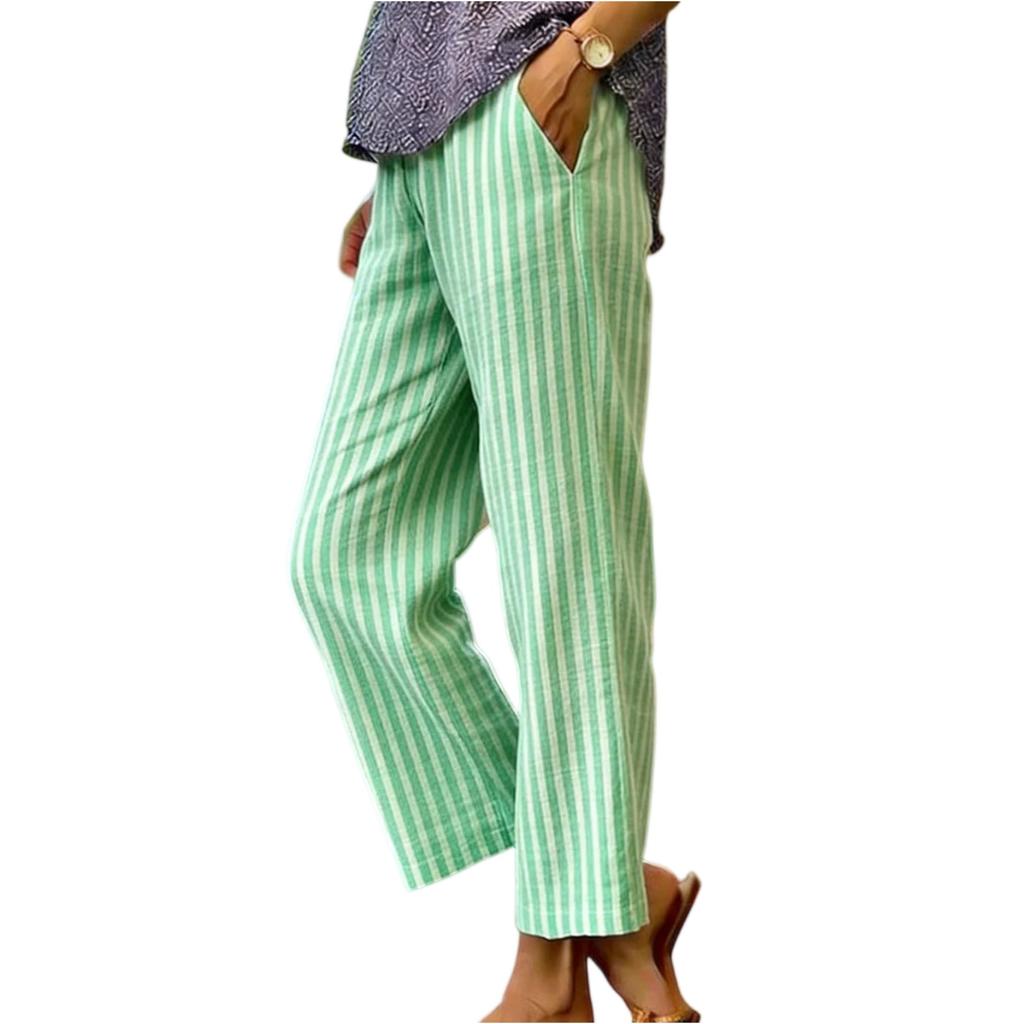 Women’s Striped Straight Leg Trousers Casual Loose Fit Elastic Waistband Lightweight Breathable Fabric Pants with Pockets