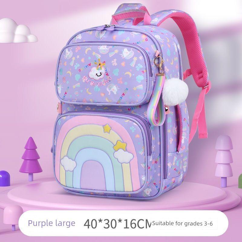 

Schoolbag Primary School Students Grade 1-3-6 5-12 Years Old Lightweight Girl Spine Protection Weight-Relief Ultra-Light Waterproof Children s Bags Rainbow purple large (3-6 grades)_bag + watch