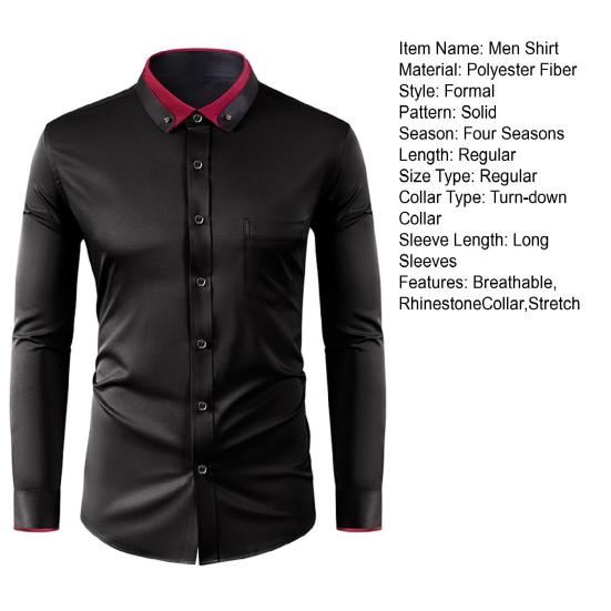 Pánská společenská košile s kamínkovým límcem, strečová, s dlouhým rukávem, bez vrásek, formální košile, pevná, slim fit, svatební, rande, ples, obchodní, knoflíky