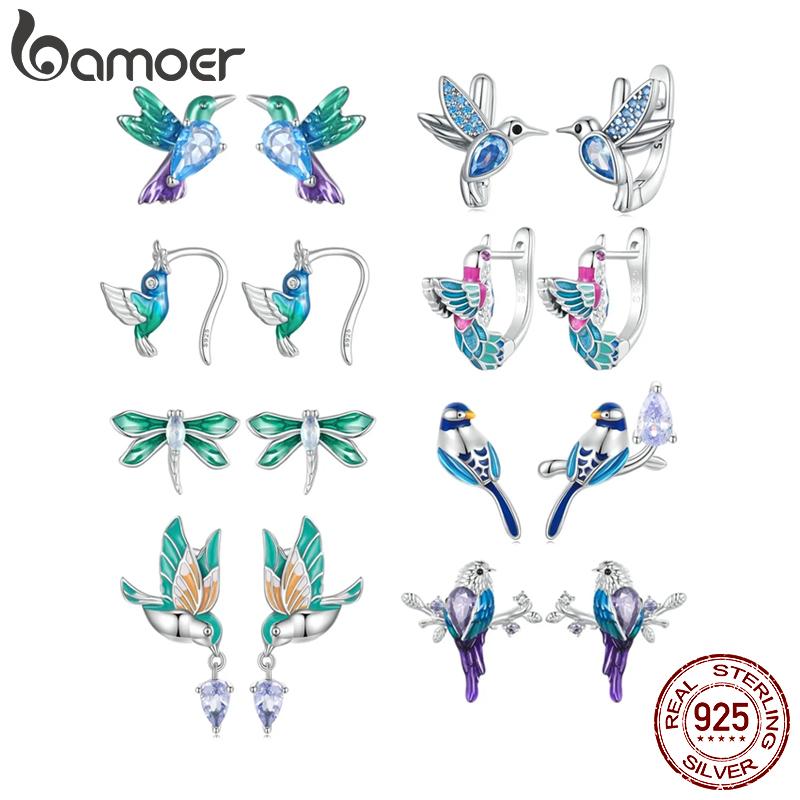 Bamoer 925 Silver Green Dragonfly Stud Earrings White Gold Plated Insect Earrings for Women Party Fine Jewelry Gift