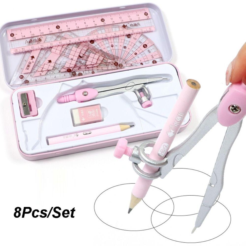 8Pcs/Set Metal Box Ruler Compass Set Multi-Function Drawing Stationery Students Gifts