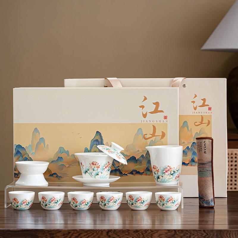 Chinese retro tea set, red lotus Dehua suet jade set, high-end guest office set, light luxury gift box.