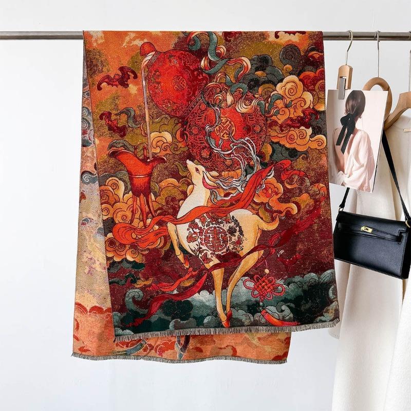 Dunhuang Oil Painting Autumn and Winter Thickened Scarf Travel Outside Shawl Windproof and Cold Jacquard High-end Scarf Shawl Neck Protection