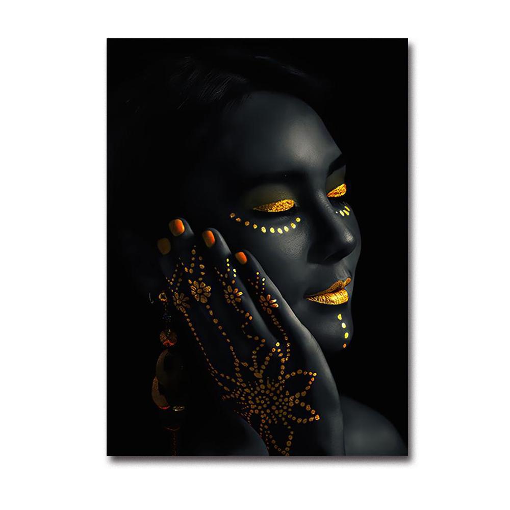 Modern Home Black Skin Woman Golden Makeup Modeling Canvas Painting Wall Art Poster Prints Bedroom Living Room Decoration Murals