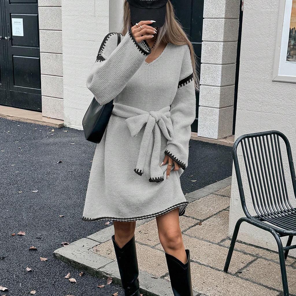 Women Slouchy Fashion Tie Waist Dress Loose Knit V-neck Long Sleeve Fall Mid-length Comfortable Breathable Dresses White Dress