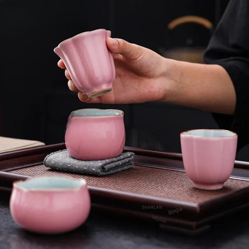 Pink Ru Kiln Ice Cracked Glaze Porcelain Teacup Antique Tea Bowl Tea Pair Tea-tasting Meditation Cup Chazhan Master Cups Teaware