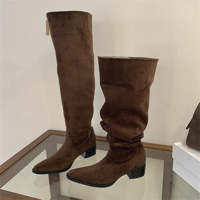 Concise Square Low Heels Woman Over The Knee Long Boots Autumn Winter Fashion Pointed Toe Party Dress Shoes