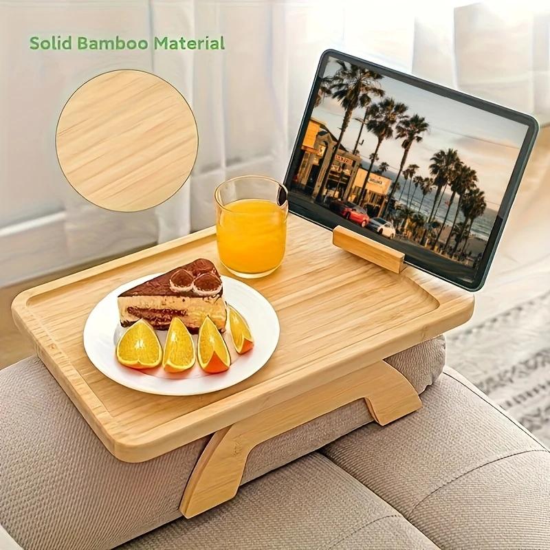 Bamboo Sofa Tray Table Clip On Side Table Couch Arm With Phone Holder