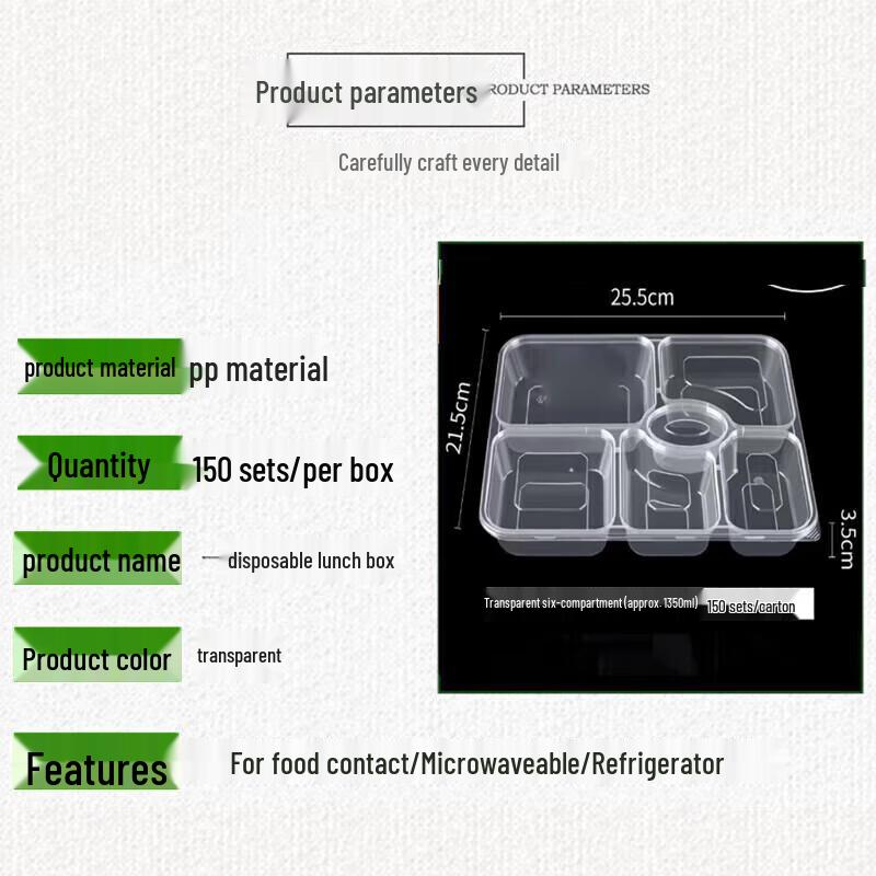 Disposable 6-Compartment Rectangular Meal Prep Containers with Lids