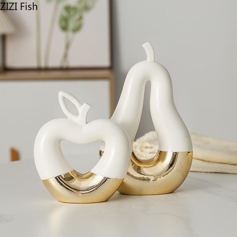 Gold-plated Hollow Out Apple Pear Statue Ceramic Ornaments Desk Decoration Modern Crafts Fruits Sculpture Room Aesthetic Decor