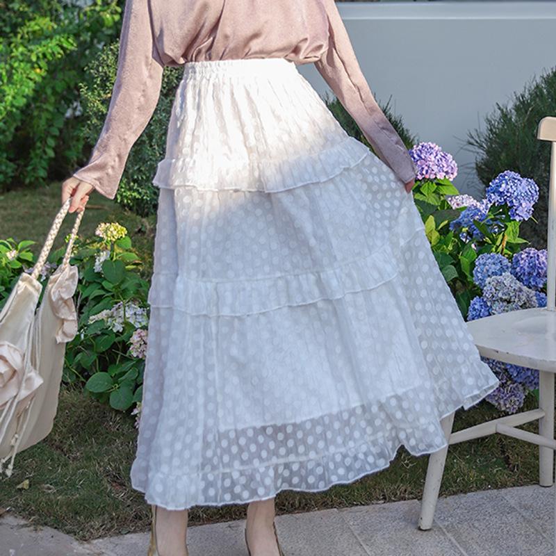 

Women s High-Waist White Polka Dot Tulle Midi Skirt with Ruffle Hem - Early Spring Gentle Fairy Style M