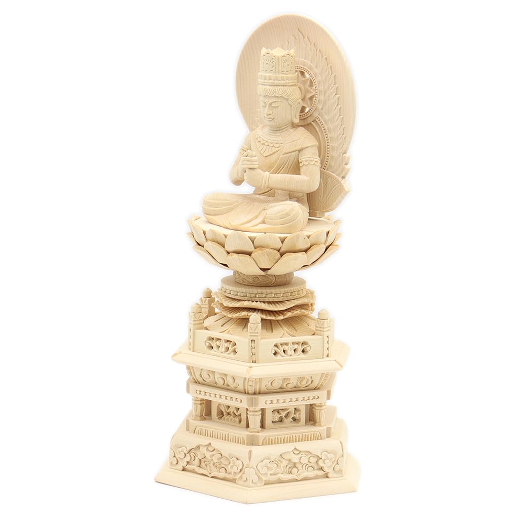 special Buddhist statue Dainichi Nyorai seated statue inches height 23 width depth carved Japanese cypress wood with a sun halo and hexagonal base
