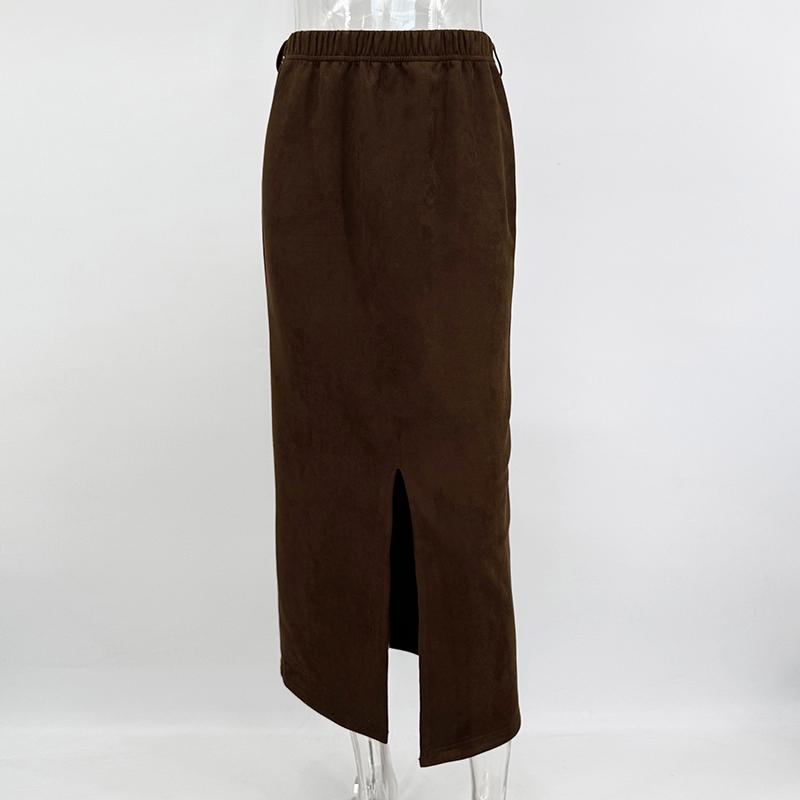 Suede Skirt Women 2026 Spring Faux Suede Leather Regular Fit Pencil Skirts Retro High Waist Commuting Vintage Long Skirt Femme