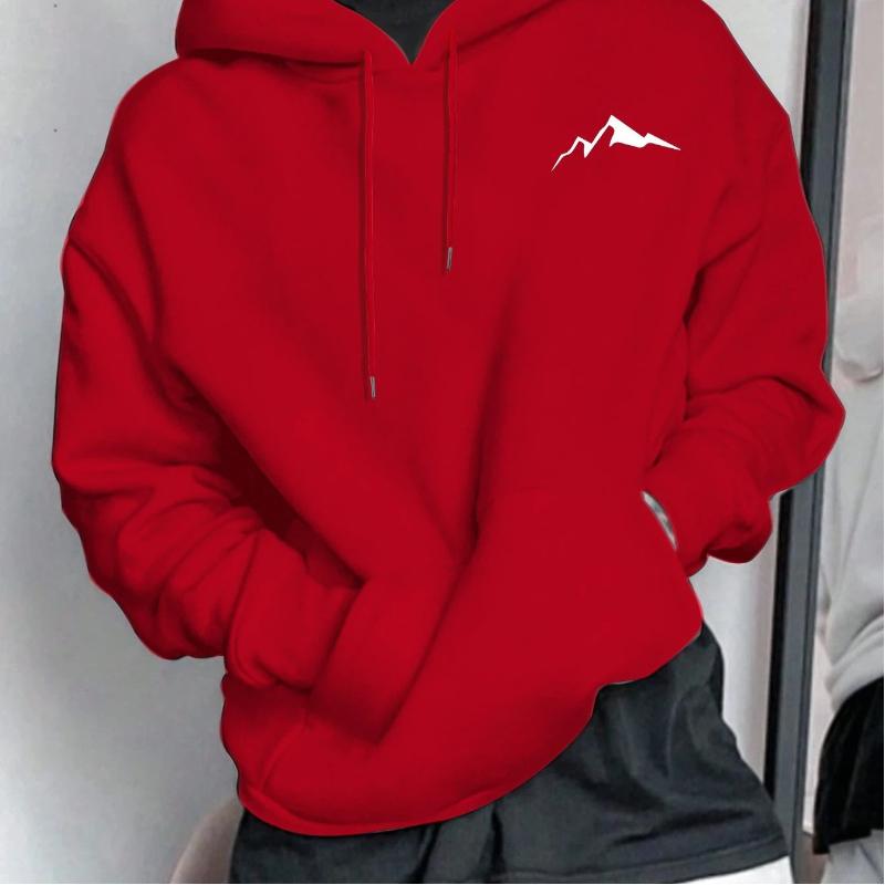 Men's Autumn and Winter Casual Fashion Loose Mountain Graphic Print Long Sleeved Hooded Sweatshirt Warm Pullover