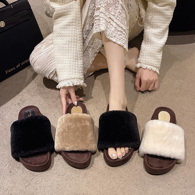 Autumn and Winter New Internet Celebrity Fluffy Slippers Fashion Plush Thick Bottom High Heel Cool Slippers Women
