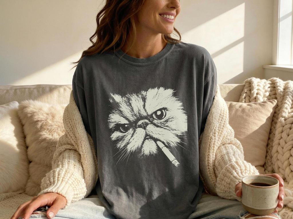 Maglietta Gatto Persiano Fumatore, Maglietta Grafica Gatto Persiano Grunge Vintage Y2K, Maglietta Faccina Divertente Gatto, Meme Tagliente Comfort Colors®, Regalo Amante dei Gatti
