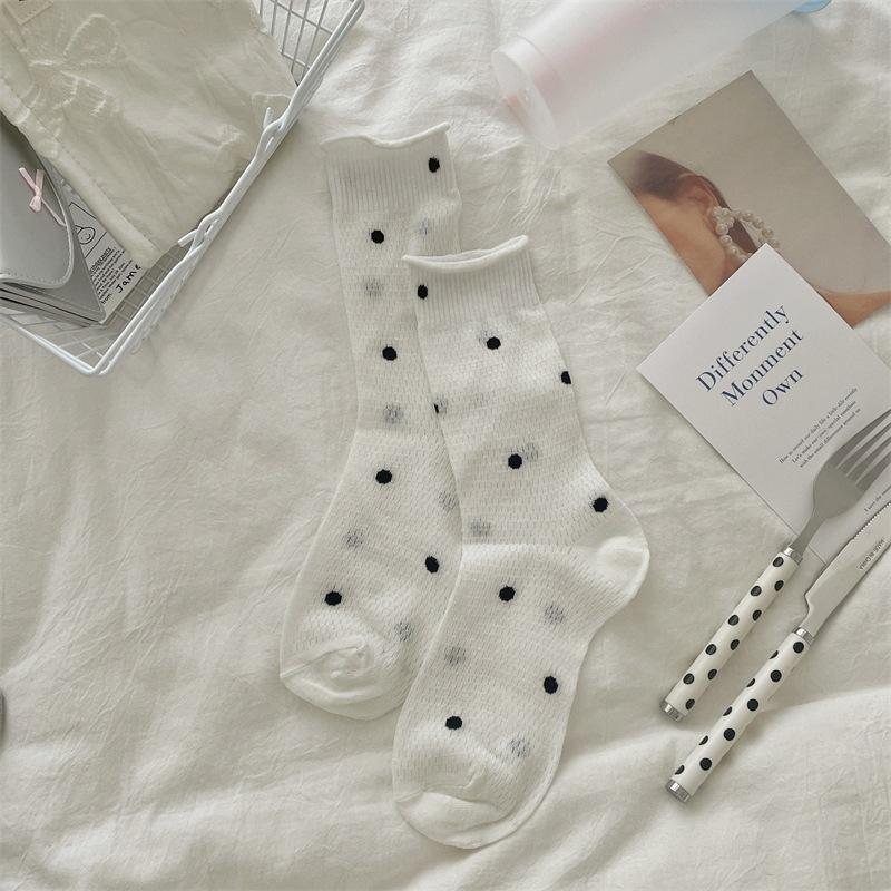 Dünne Polka-Dot-Socken für Damen für Frühling und Sommer, Wadenlange Socken, Mesh Atmungsaktiv, Gerollt, Lange Socken aus reinem Baumwollplüsch