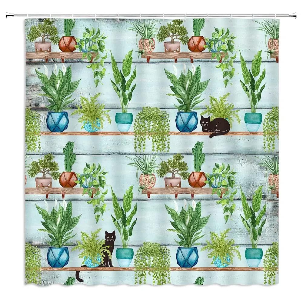 Tropical Greenery Shower Curtain Succulent Cactus Palm Pineapple Tropical Fruit Cat Bathroom Decoration Shower Curtain With Hook